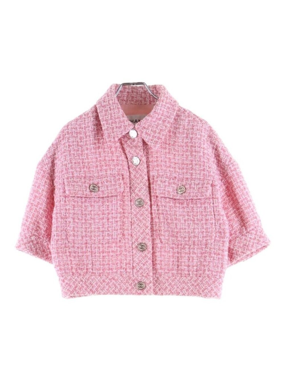Chanel CC Logo Button Short Sleeve Tweed Jacket Pink